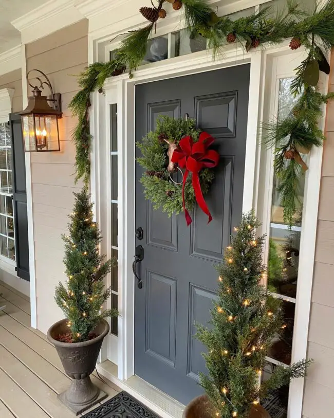 Festive Greenery with Red Bow Door Display