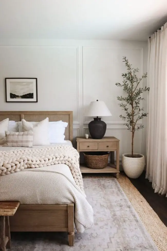 Cozy Neutral Farmhouse Bedroom with Natural Textures