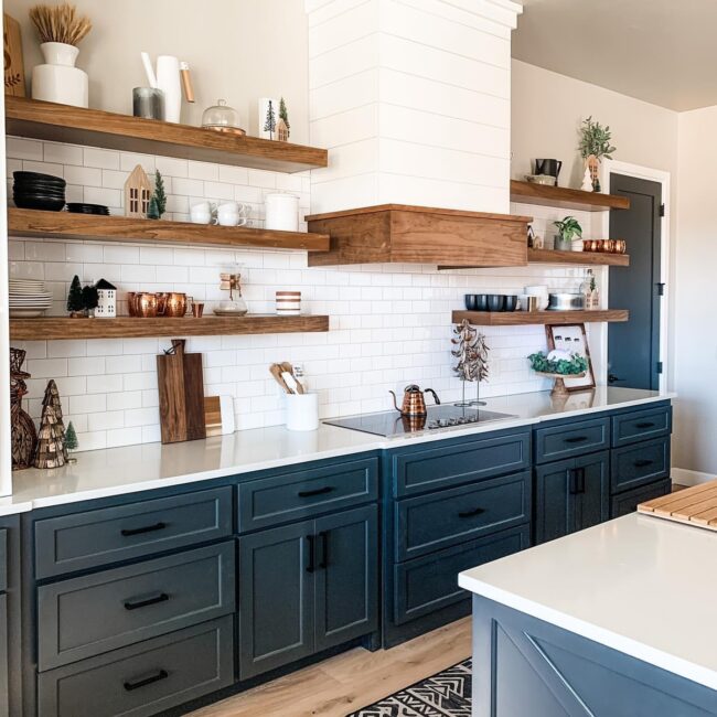 Dark Cabinets Paired with Sleek Open Shelving