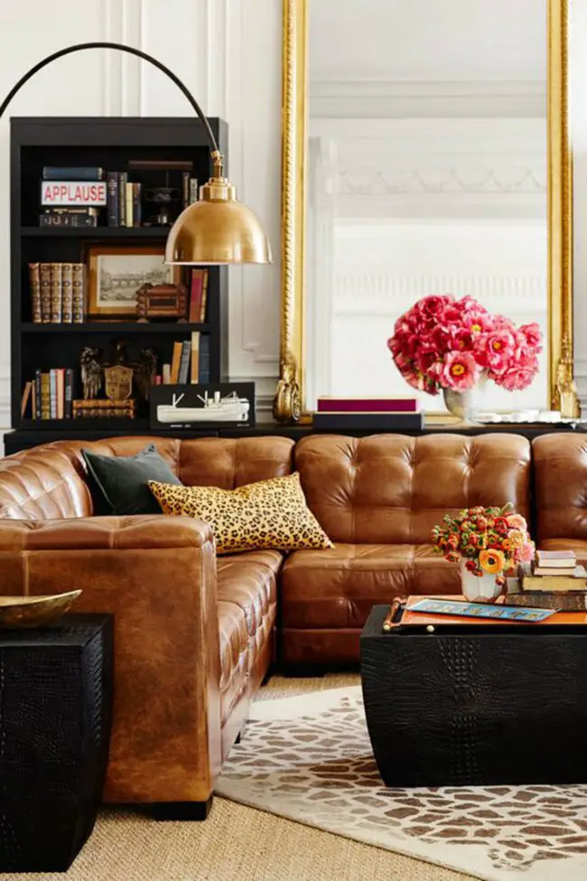 Elegant Living Room with a Dark Leather Sofa