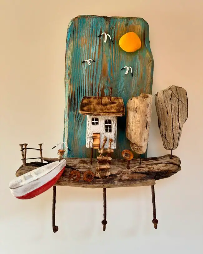 Driftwood Coastal Scene Exhibiting Nautical Charm