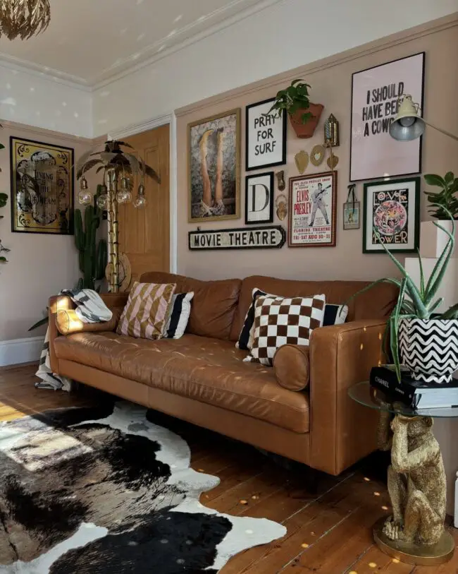 Gallery Wall and Leather Sofa for Coziness