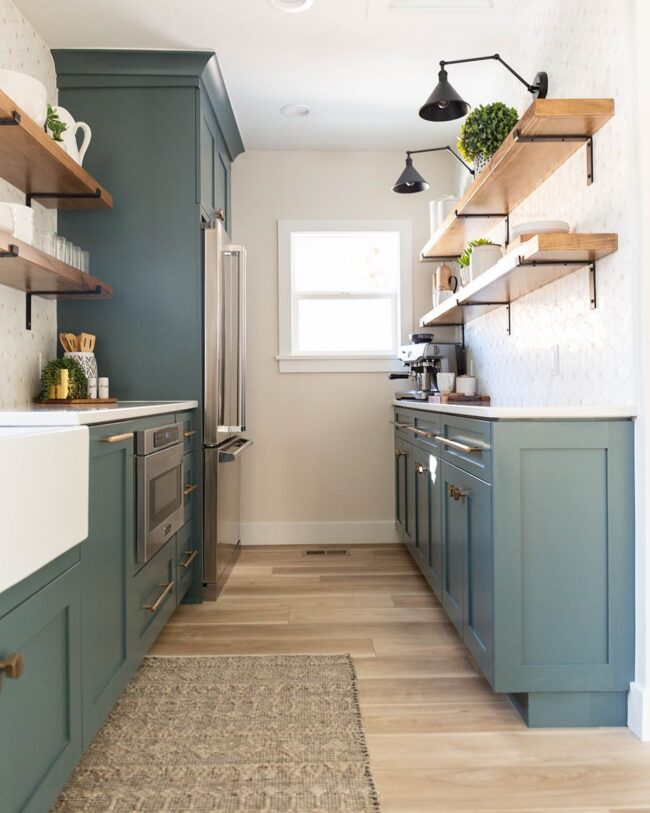 Deep Green Cabinets with Rustic Shelving in Galley Kitchen