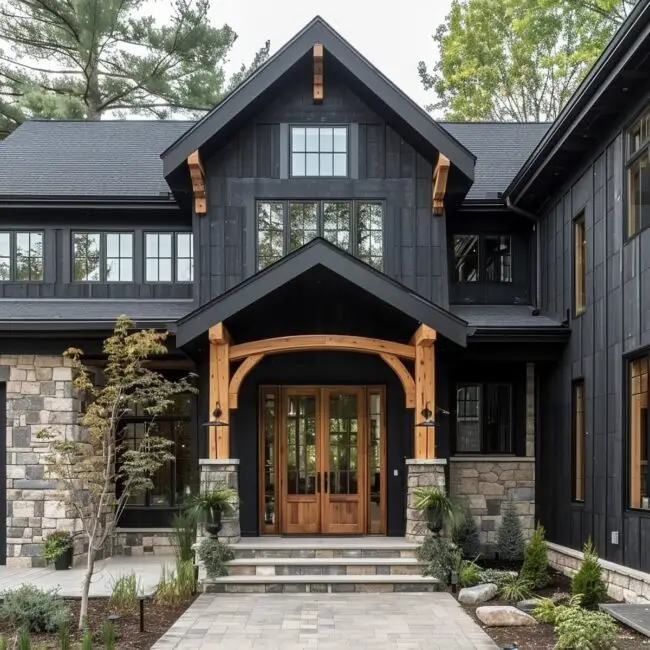 Cedar Framing on Classic Black Facade