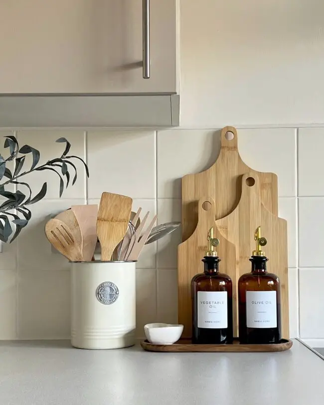 Stylish Wooden Utensils and Oils Arrangement