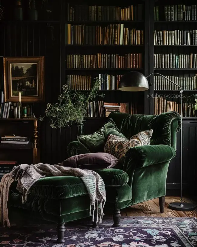 Rich Green Velvet Chair with Dark Shelving