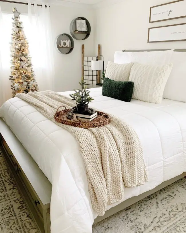 Serene Christmas Bedroom with Neutral and Green Touches