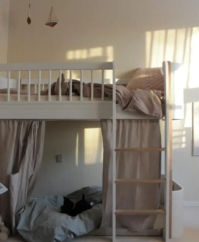 Beige Loft Bed with Curtains