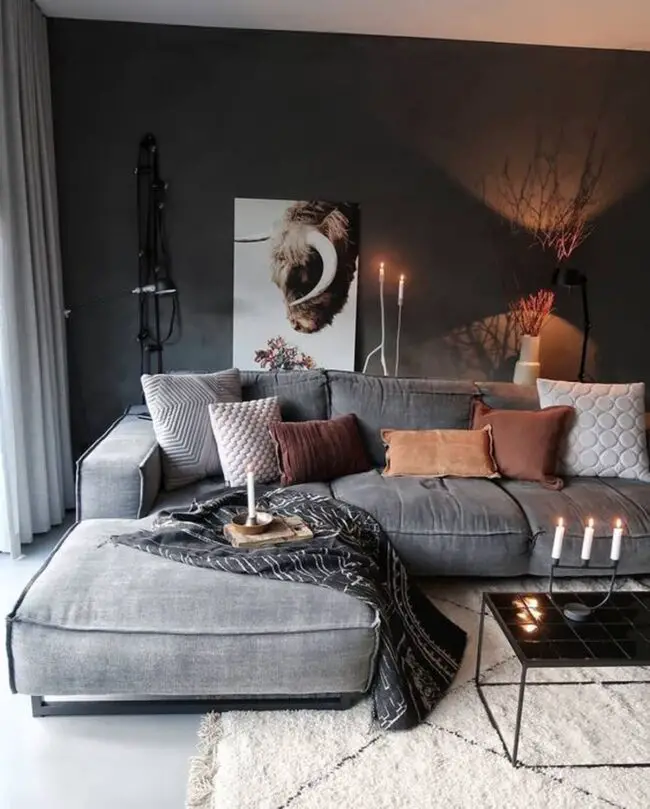 Earthy Grey Living Room with Cozy Details