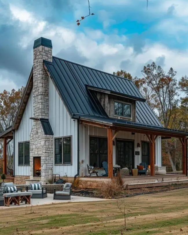 Cottage-Style Barndominium with Stone Chimney