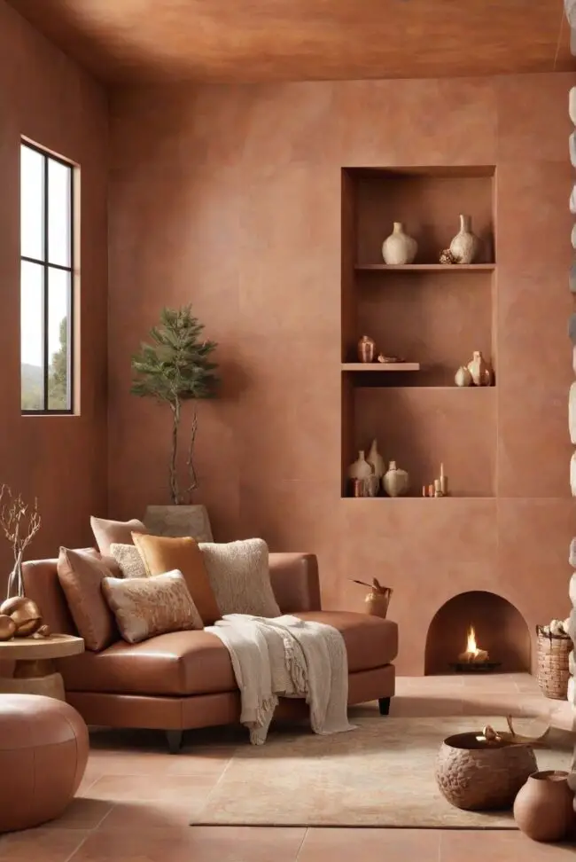 Cozy living room with terracotta walls