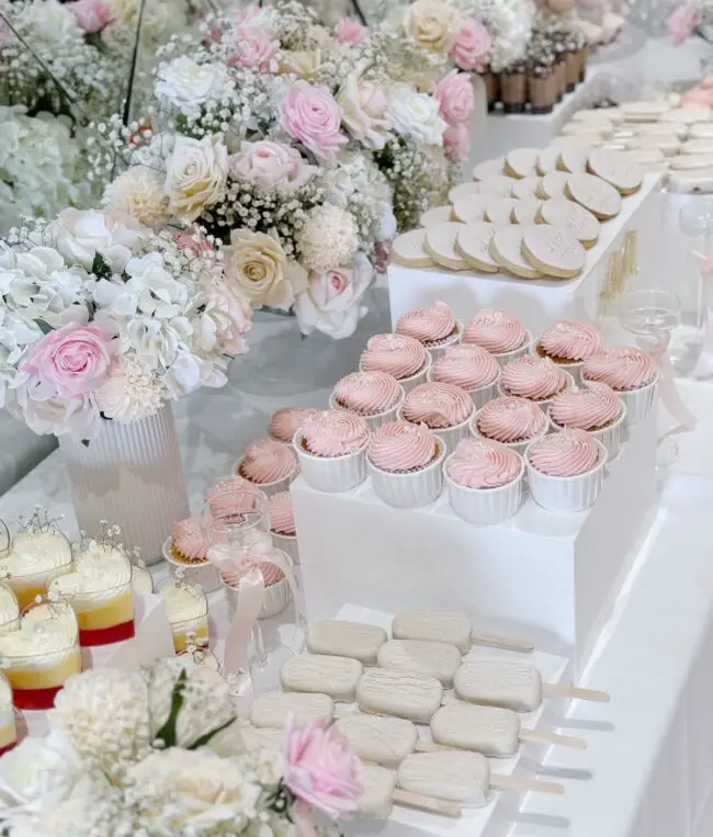 Charming White and Pink Dessert Display