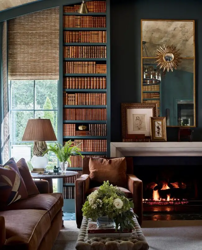 Timeless Library Featuring Rich Wood and Hearth