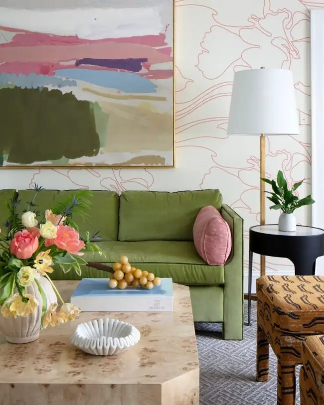 Green Sofa and Abstract Art for Boldness