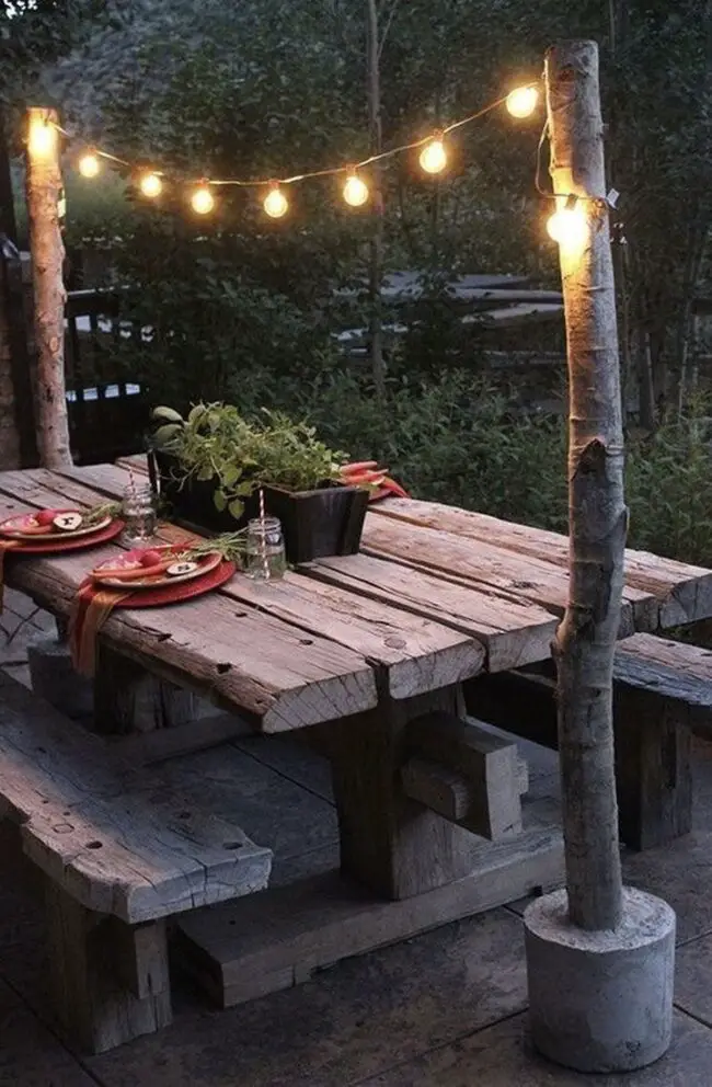 String Lights Above Wood for Rustic Style