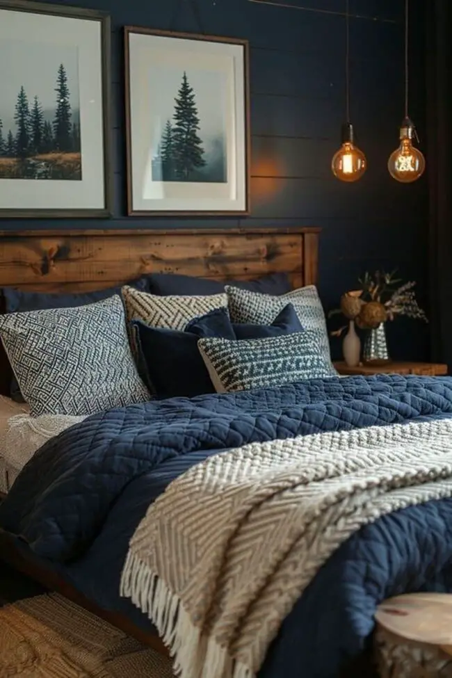 Navy and Wood Accented Farmhouse Bedroom