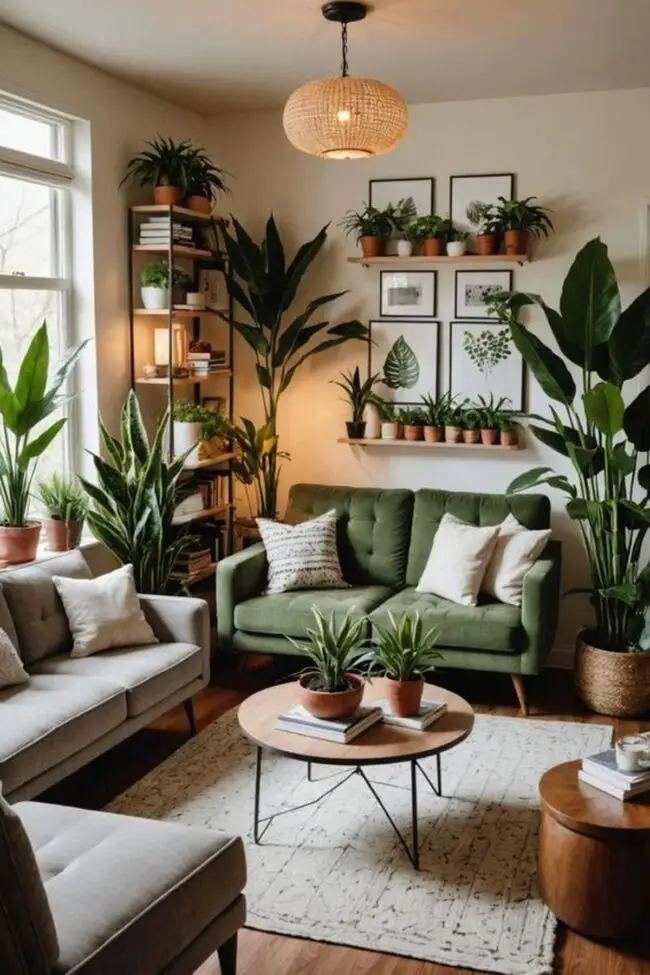 Boho Grey Living Room with Natural Greenery