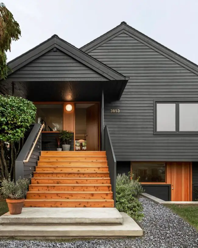 Bold Cedar Entry with Black Siding