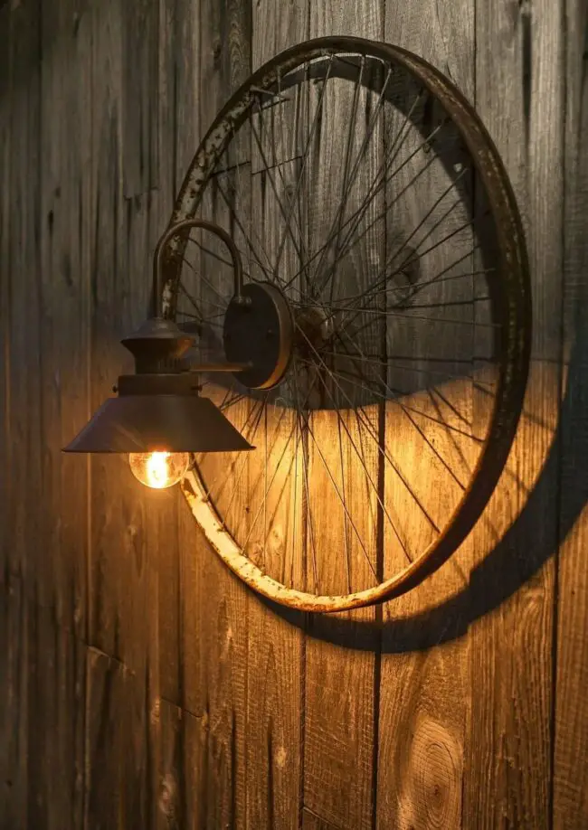 Wheel-Inspired Lighting with Rustic Vibe