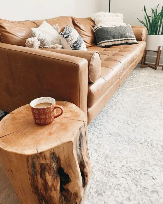 Cozy Corner with a Tan Leather Sofa