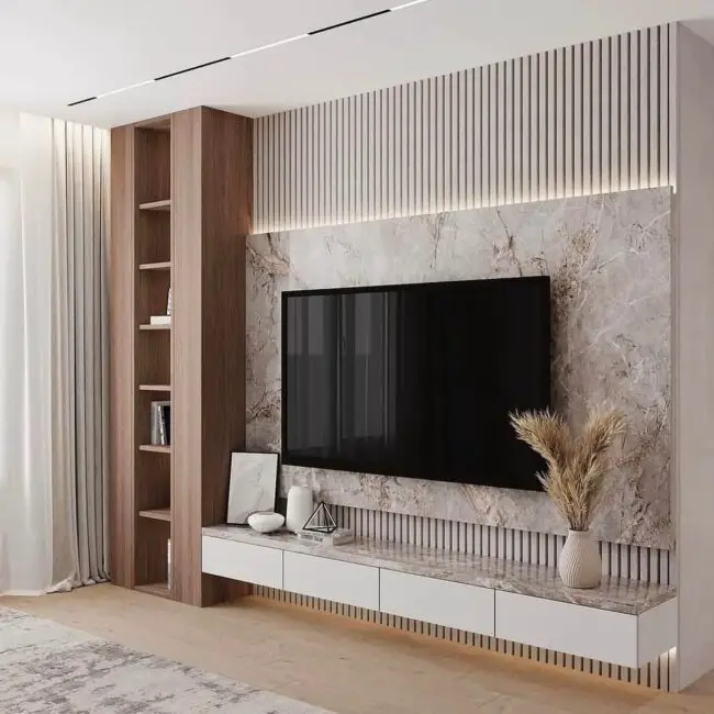 Marble and Wood Blend with Discreet Shelving