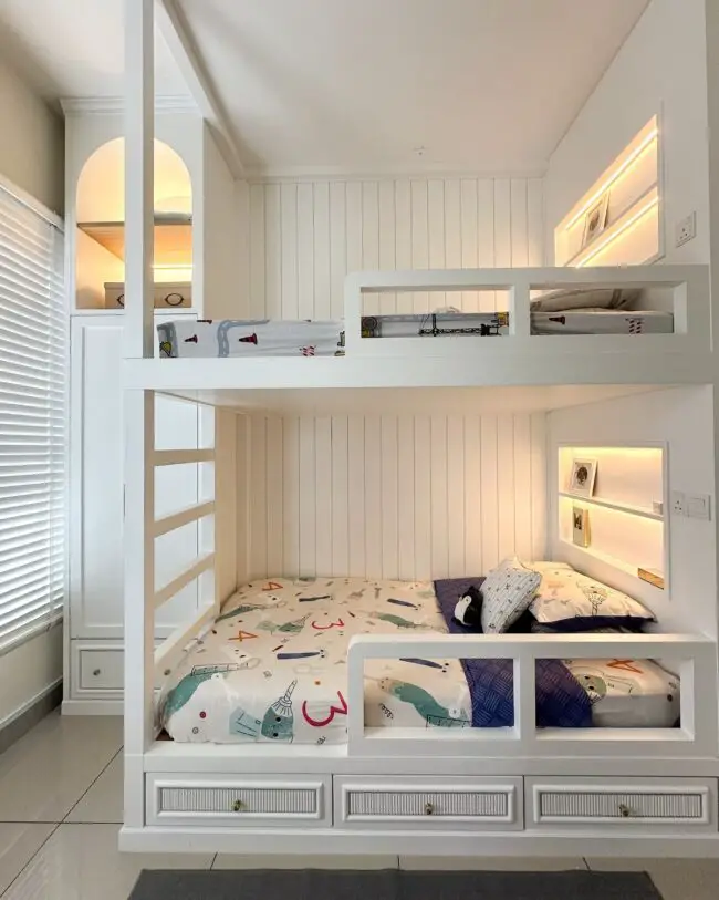 White Bunk Bed with Built-In Shelves