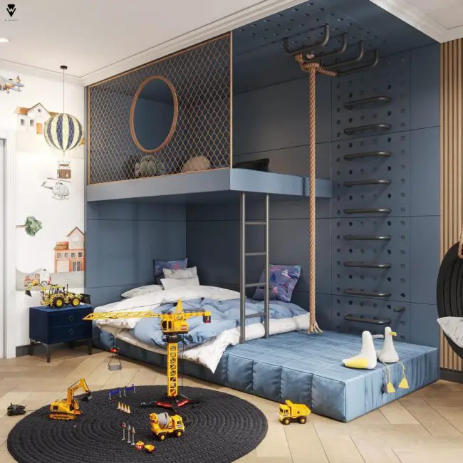 Navy Loft Bed with Climbing Wall