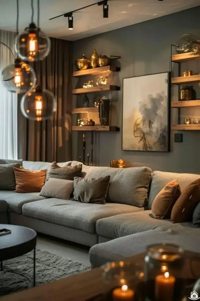 Warm Lighting in a Modern Grey Living Room