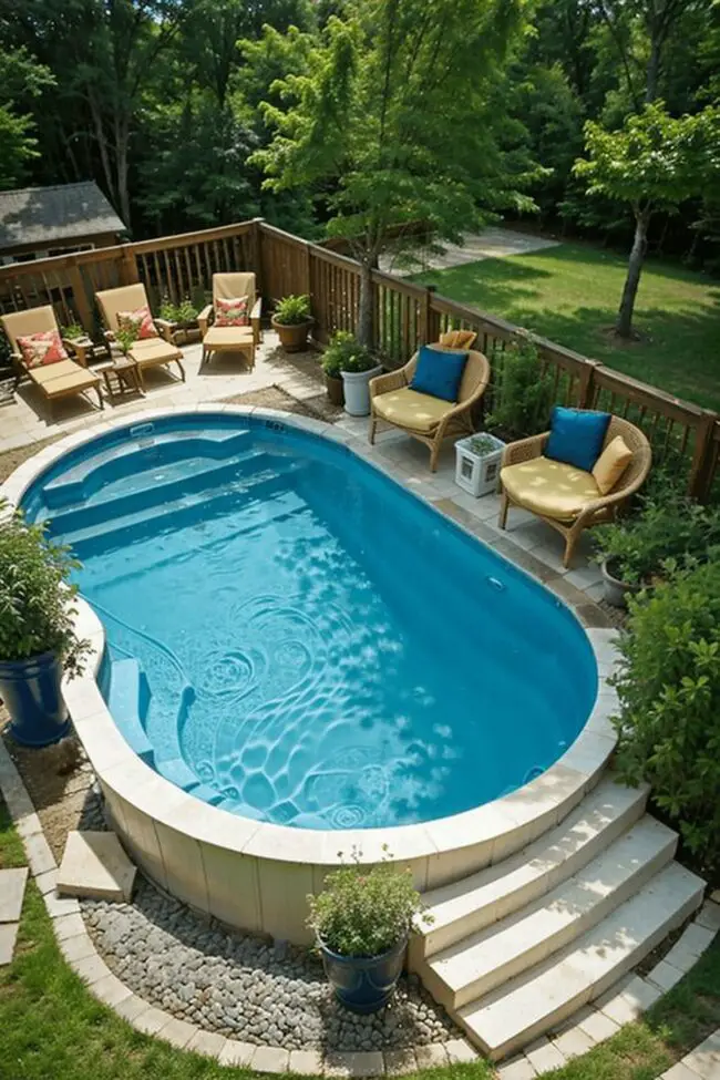 Chic Oval Pool Deck Surrounded by Gardens