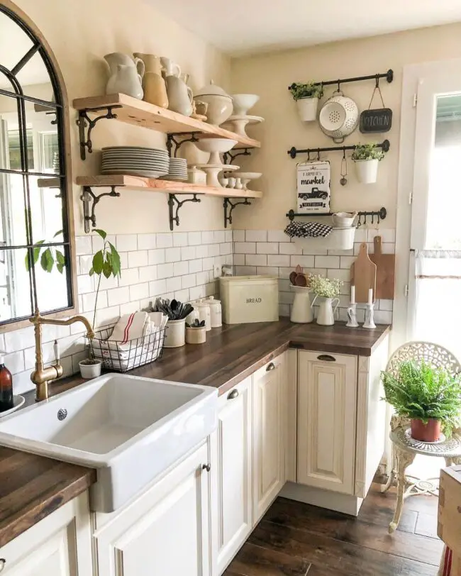 Vintage-Inspired Farmhouse with Rustic Shelving