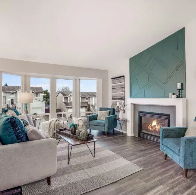 Teal Wall and Fireplace for Vibrancy